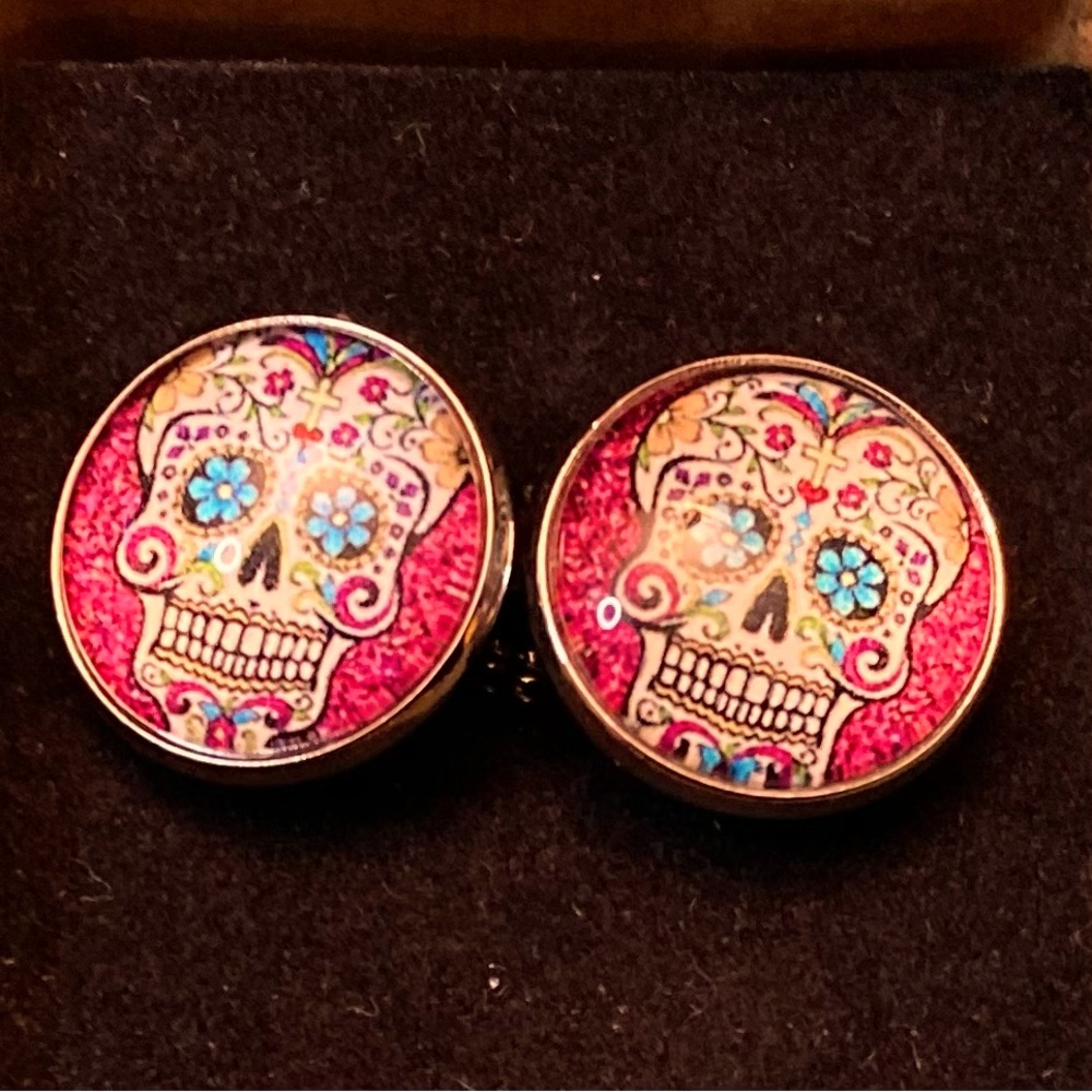 Day of the Dead Colorful Sugar Skull Silver Tone Cufflinks